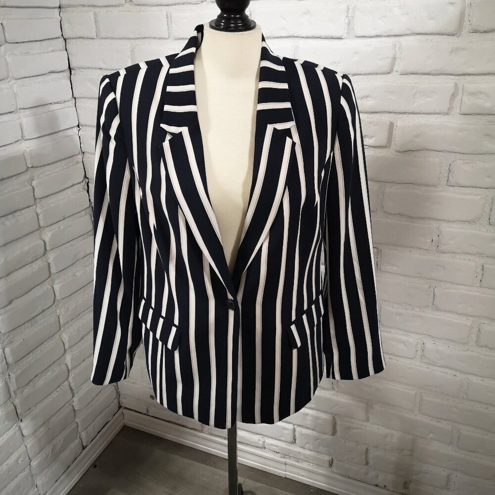 Cleo Petites Ladies Size Large Navy & White Stripes Lined 1 Button Blazer